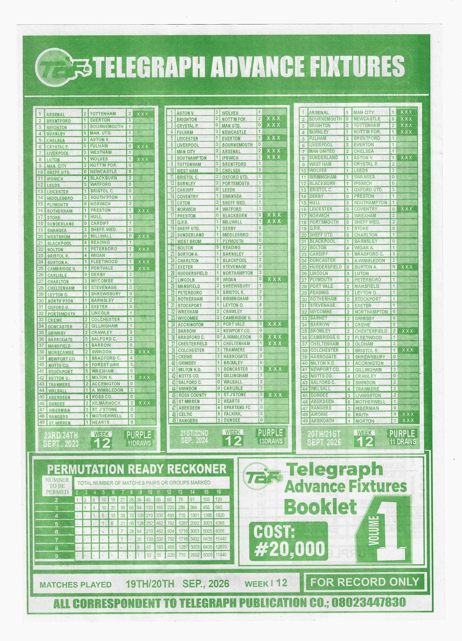 week 12 telegraph advance fixtures 2026 back page