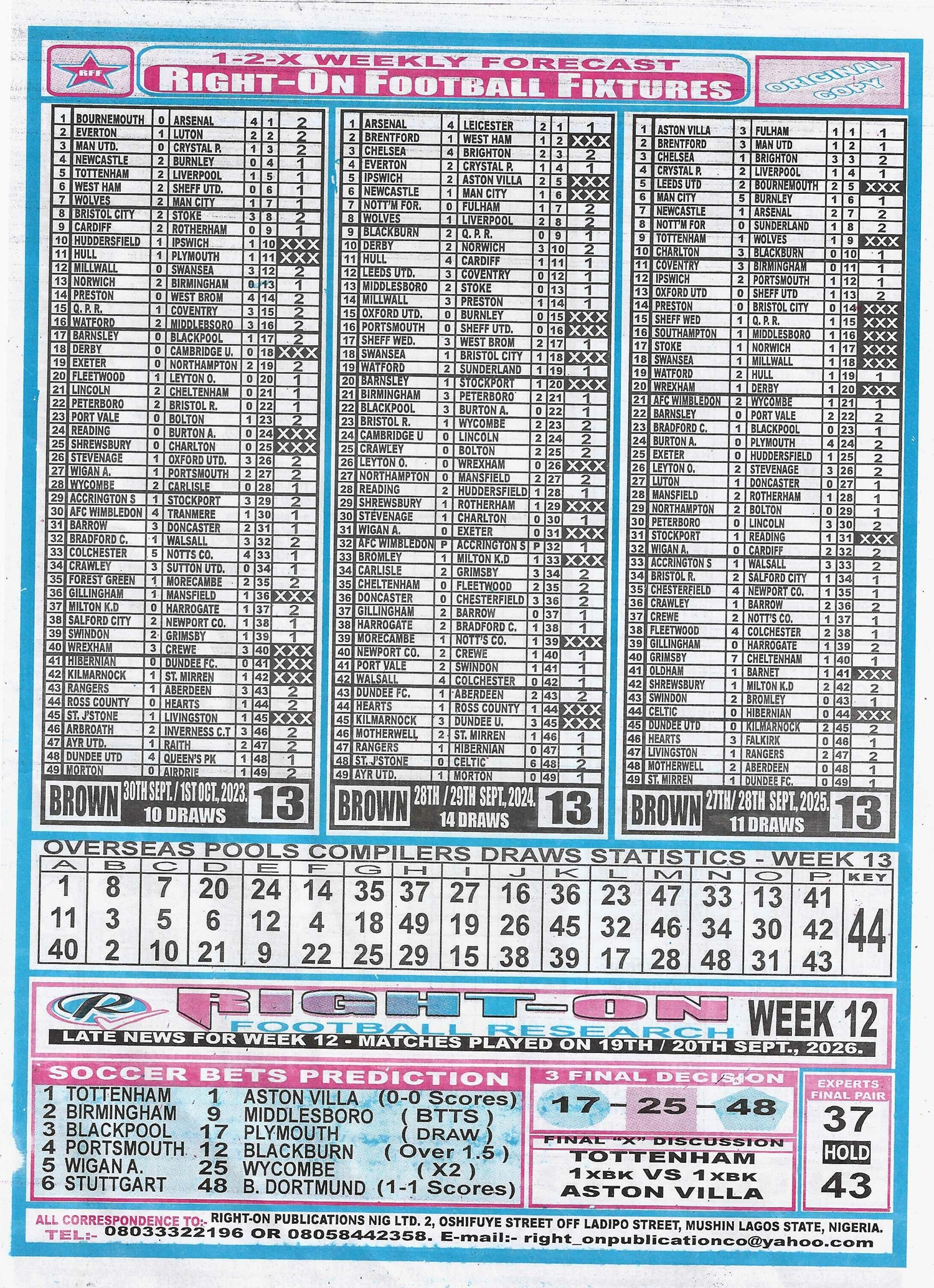 week 13 right on fixtures 2026 back page