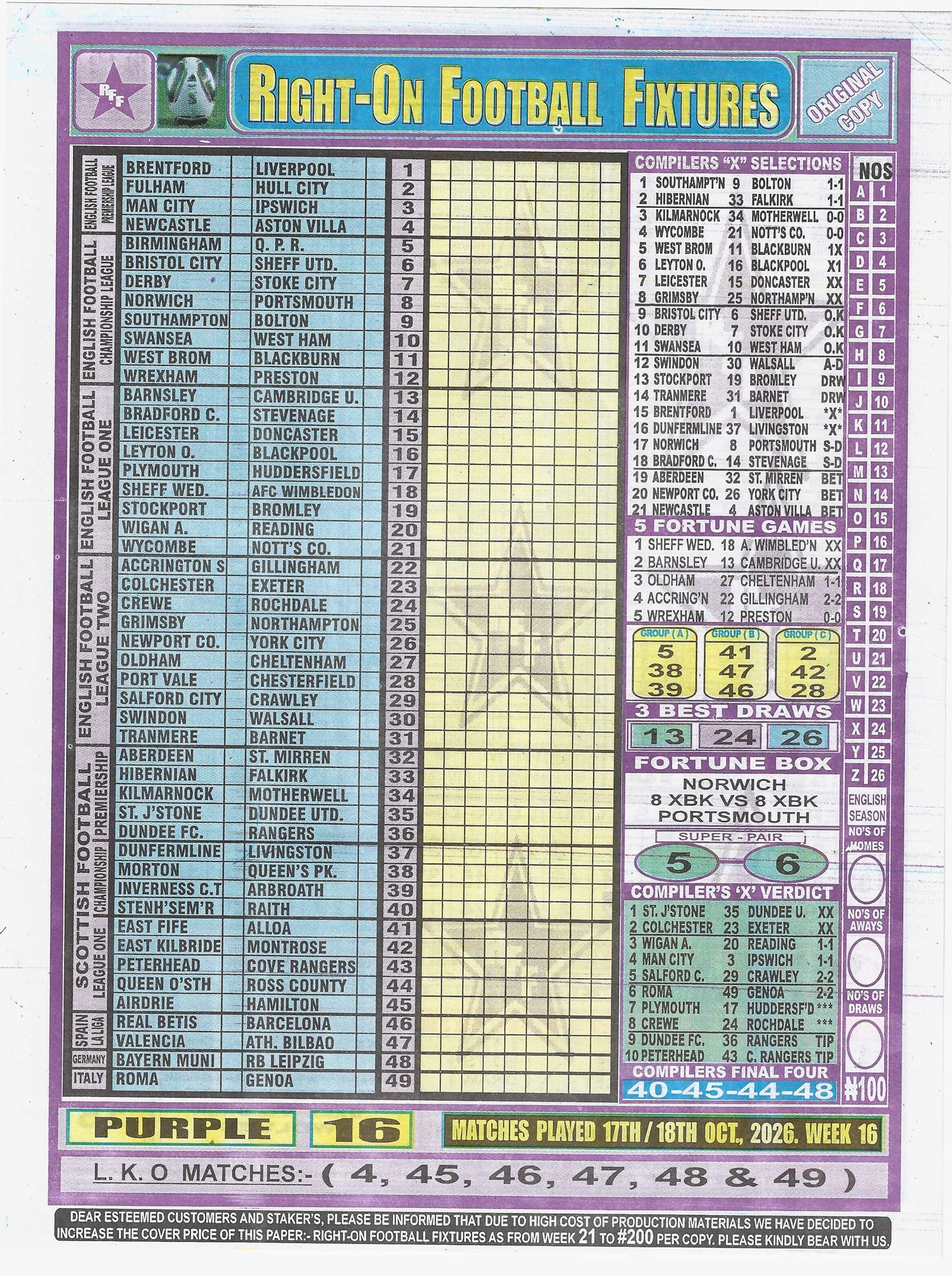 week 16 right on fixtures 2026 front page