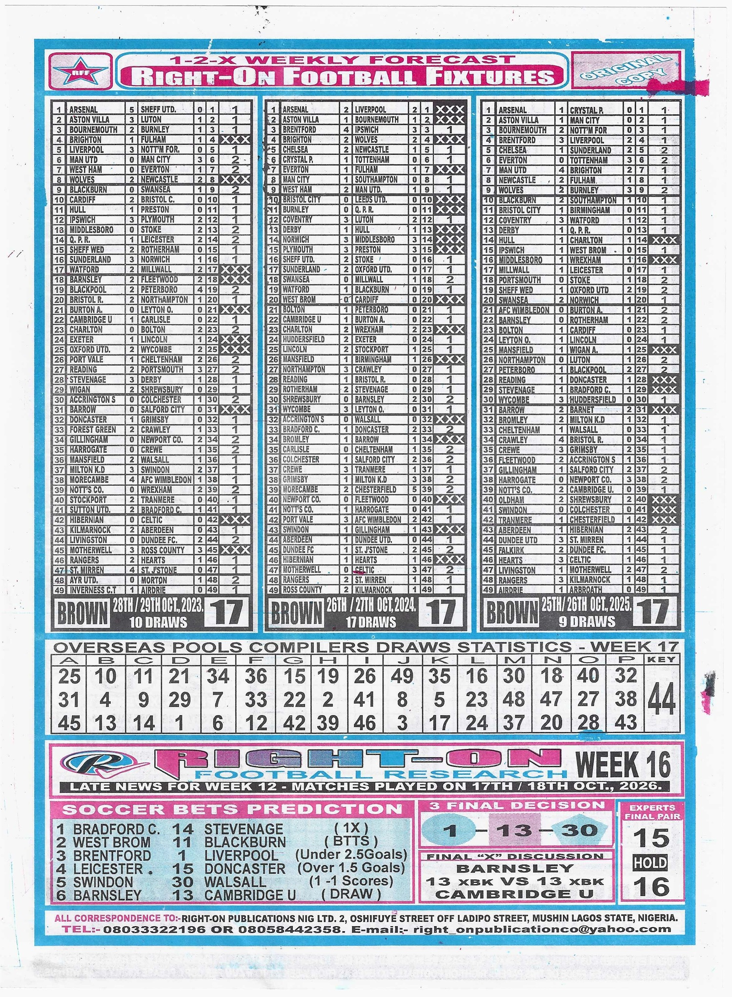 week 17 right on fixtures 2026 back page