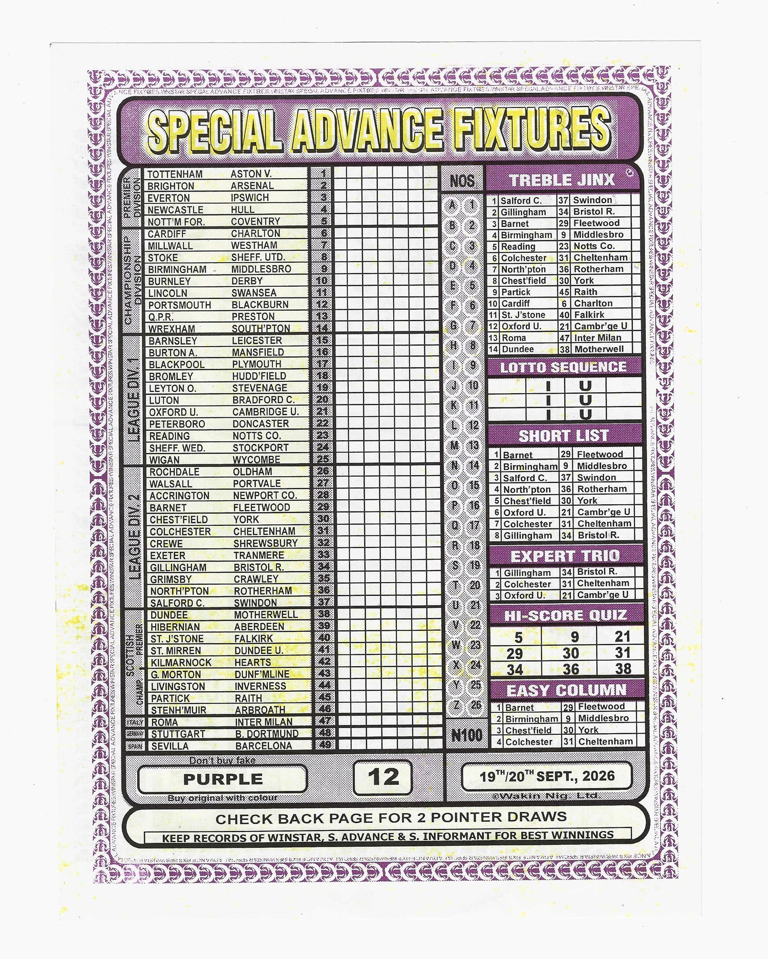 week 12 special advance fixtures 2026 front page