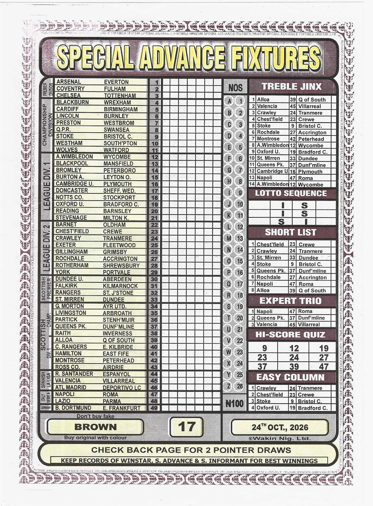week 17 special advance fixtures 2026 front page
